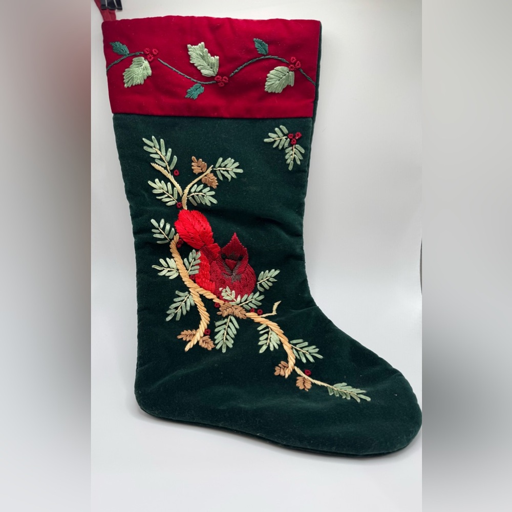 Embroidered Velvet Stocking with Cardinal Design Beautiful!
